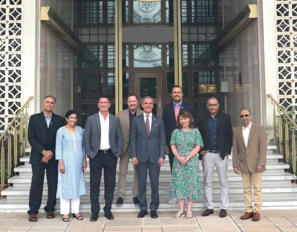 FORMING ALLIANCES — Supervisor Jeff Gorell, third from left, returned from India, where he met with U.S. Ambassador Eric Garcetti, center, under whom he worked in the city of Los Angeles, and representatives of Indian biotech agencies. Courtesy of Supervisor Jeff Gorell's office